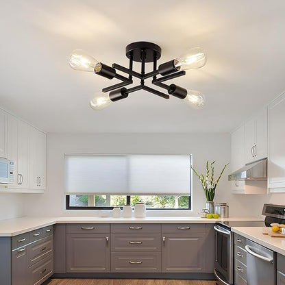 Industrial 4-Lights Semi Flush Mount Ceiling Light Fixture Modern Metal Black Sputnik Chandeliers with E26 Bulb Base Close to Ceiling Light for Kitchen Dining Room Living Room Hallway Bedroom Entryway