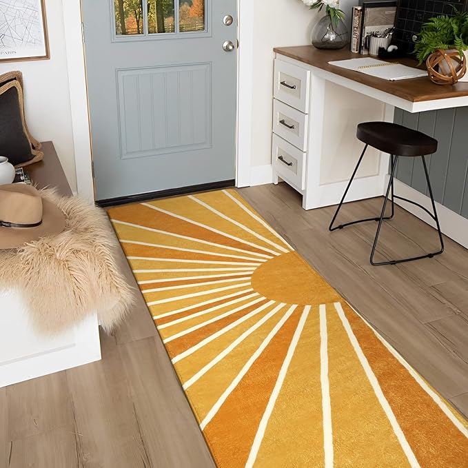 Lahome Boho Runners Rug for Hallway - 2x8 Non-Slip Washable Kitchen Runner Rug Low-Pile Soft Throw Entryway Rug Runner Rainbow Sun Print Abstract Carpet Runner for Laundry Room Bathroom Living Room