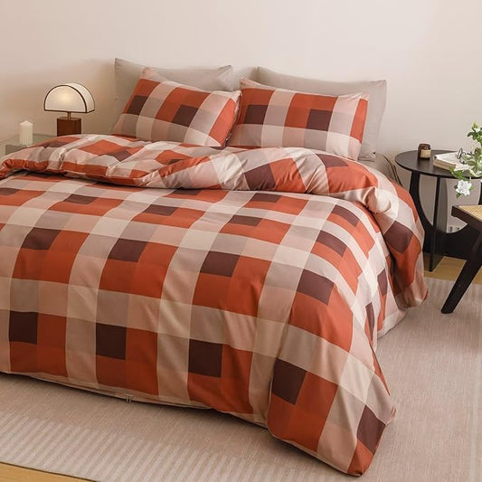 Cottonight Checkered Red Comforter Set Full Gingham Grid Bedding Set Red and Khaki Grid Comforter Fluffy Soft Bedding Set Kids Teens Full Comforter with 2 Pillowcases