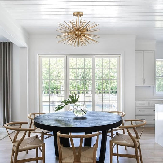 Modern 20" Gold Sputnik Light Fixture 4-Light Modern Semi Flush Mount Ceiling Light Solid Metal Golden Starburst Sputnik Chandelier for Dining Room, Bedroom, Kitchen, Laundry Room, Foyer