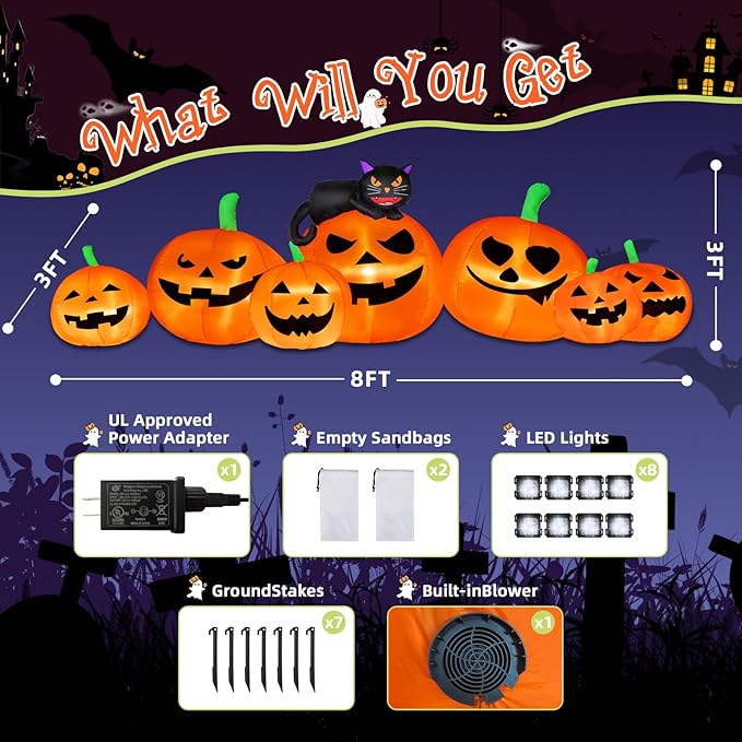 8FT Long Halloween Inflatable Decoration 7 Pumkins with Black Cat with LED Lights Blow Up Inflatable for Halloween Outdoor Indoor Garden Yard Lawn Deco