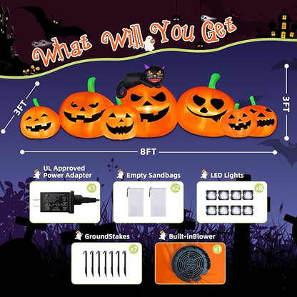 8FT Long Halloween Inflatable Decoration 7 Pumkins with Black Cat with LED Lights Blow Up Inflatable for Halloween Outdoor Indoor Garden Yard Lawn Deco