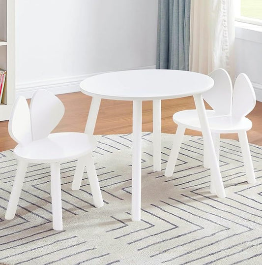 VECELO Kids Table and Chair Set, Oval Table with 2 Bunny Ear Chairs, Perfect for Toddlers Playing and Activities, Snow White