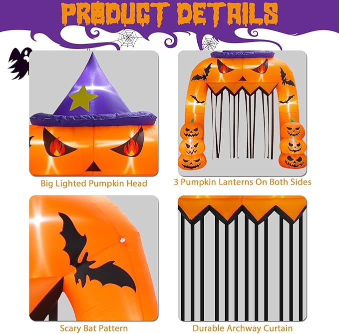 AerWo 12FT Tall Halloween Inflatables Archway Giant Arch, Pumpkin Blow Up With Built-in LED Lights for Outdoor Decorations, Holiday Yard Lawn Garden Party Decor