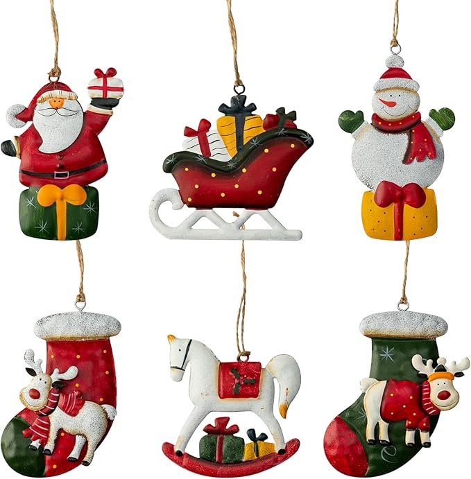 Metal Christmas Tree Ornaments 6-Pack Xmas Hanging Ornaments Santa Snowman Christmas Stocking Sleigh Ornaments for Christmas Tree Holiday Decorations, Outdoor Holiday Home Decorations
