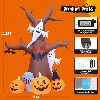 GOOSH 12 FT Halloween Inflatables Tree Outdoor Decorations Blow Up Yard Scary Dead Tree with Pumpkin Ghost Tombstone with Built-in LEDs for Garden Lawn Indoor Party Decor