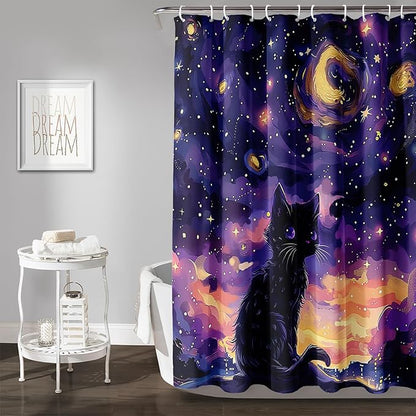 AILONEN Black Cat Shower Curtain,Cartoon Mother Son Kitten Shower Curtain Set for Kids Boys Girls,Boho Style Starry Night Shower Curtain with Hooks for Bathroom,72" W*96" H