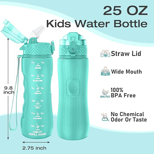 OLDLEY Kids Water Bottle for School, 25 oz (Straw Lid) BPA-Free Reusable Leak-proof Durable Tritan Plastic Water Bottles with One-handed Opening Straw Lids, Anti-dust Spout Cover (Mint Green)