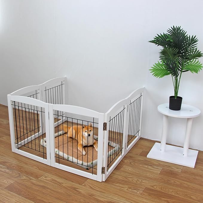 ZJSF Freestanding Foldable Dog Gate for House Extra Wide Wooden White Indoor Puppy Gate Stairs Dog Gates Doorways Tall Pet Gate 4 Panels Fence