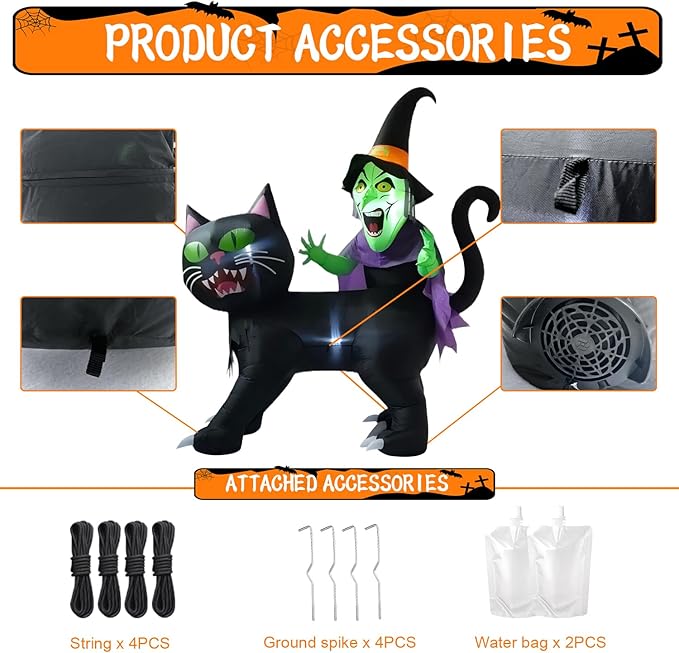 LANGXUN 8ft Witch Riding Black Cat 2025 Halloween Inflatable Decoration - Giant Blow-Up Yard Decor with LED Lights for Outdoor Lawn, Garden, Patio Cute Skeleton Ghost Hoilday Yard Party Decor