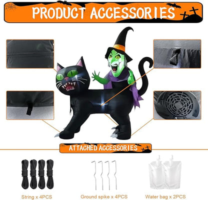 LANGXUN 8ft Witch Riding Black Cat 2025 Halloween Inflatable Decoration - Giant Blow-Up Yard Decor with LED Lights for Outdoor Lawn, Garden, Patio Cute Skeleton Ghost Hoilday Yard Party Decor