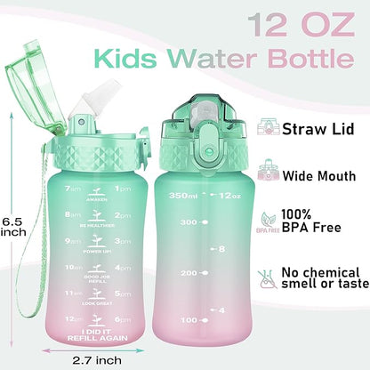 OLDLEY Kids Water Bottle for School, 12 oz (Straw Lid) BPA-Free Reusable Leak-proof Durable Tritan Plastic Water Bottles with One-handed Opening Straw Lids, Anti-dust Spout Cover (Mintpink)