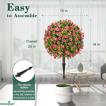 Artificial Topiary Ball with Ground Spike Set of 2, Faux Boxwoods for Outdoor Planters, UV Resistant Artificial Outdoor Plants for Porch, Fake Bushes Round Flower Shrub with Pink Lilac