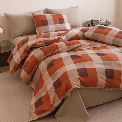 Cottonight Checkered Red Comforter Set Full Gingham Grid Bedding Set Red and Khaki Grid Comforter Fluffy Soft Bedding Set Kids Teens Full Comforter with 2 Pillowcases
