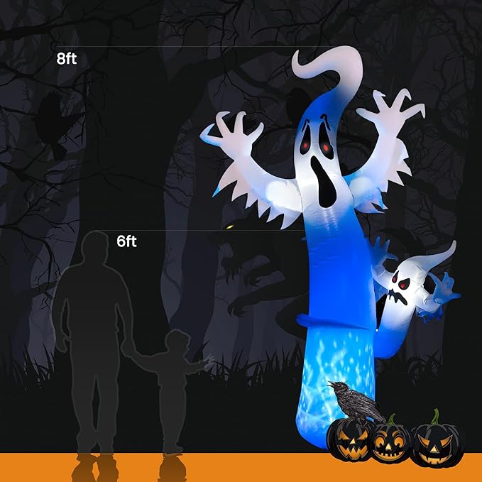 Toodour 8 FT Halloween Inflatables Outdoor Decorations Ghost - Blow Up Yard Decorations for Halloween Party, Built-in Blue LED Disco Lights, Inflatable Ghost Decor for Outdoor Garden Yard Holiday