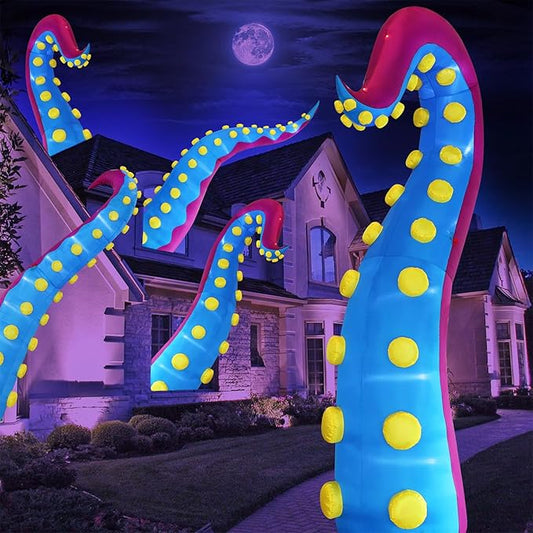 Juegoal 1 PCS Halloween Decorations 11.5FT Tall Inflatable Lighted Giant Octopus Tentacle, Octopus Legs with Lights, Halloween Front Door Window Roof Prop, Outdoor Holiday Blow up Decor - Mold B