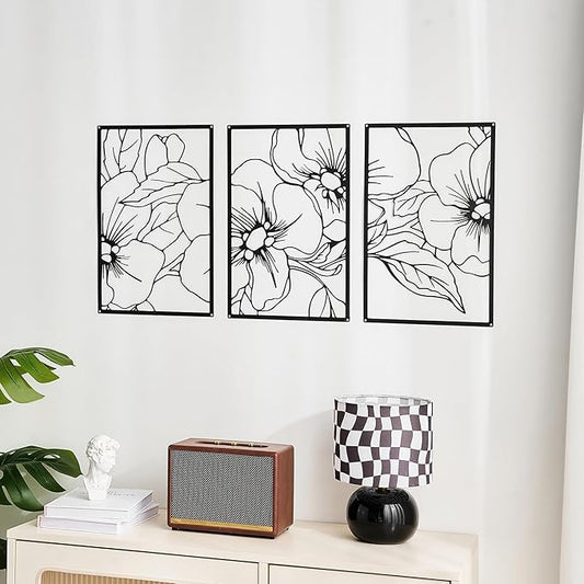 FUNTEREST 3 Pieces Black Metal Wall Art Decor Modern Minimalist Floral Single Line Living Room Wall Decor Abstract Wall Hanging Decor for Kitchen Office Bedroom Bathroom (Floral A)