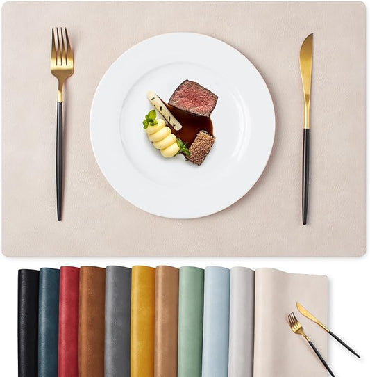 MOSAYT Vinyl Placemats Set of 4-12 X 17 Inch - Faux Leather 100% Waterproof Oil-Proof Wipeable PU Place Mats, Heat Resistant Reversible Table Mats for Kitchen, Dining, Outdoor (Beige)
