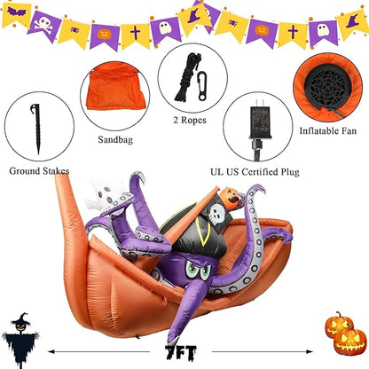 7 FT Long Halloween Inflatable Octopus Corsair Outdoor Decoration, Holiday Decorations Built-in White LED Light Blow Up Halloween Decorations for Yard, Garden, Lawn,Holiday, Party