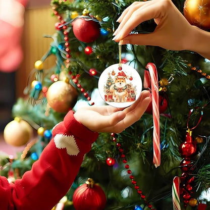 Merry Christmas Ornaments Shiba Inu Round Ceramic Colorful Hanging Ornament Christmas Keepsake Decor for Xmas Tree Winter Holiday Xmas Gift for Women Men 3"