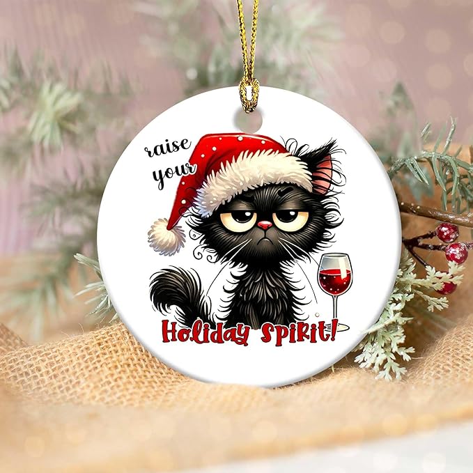 Christmas Black Cat Ornament Raise Your Holiday Spirit Round Ceramic Ornament Xmas Keepsake for Christmas Tree Winter Holiday Xmas Gift for Women Men Xmas Hanging Ornament 3"