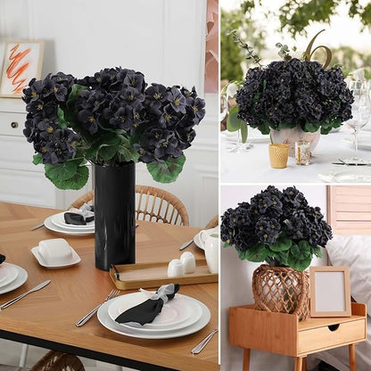 Hananona 12 Bundles Artificial Geranium Flowers for Outdoors Black Silk Geranium Flowers Outdoor UV Resistant Plants Faux Black Flower for Home Kitchen Halloween Table Centerpieces Decor (12, Black)