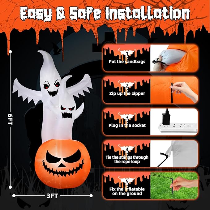 6FT Tall Halloween Inflatable Ghost&Pumpkin Inflatable Decoration with Build-in RGB Lights Blow Up Inflatables for Halloween Party, Yard, Garden, Lawn Decoration
