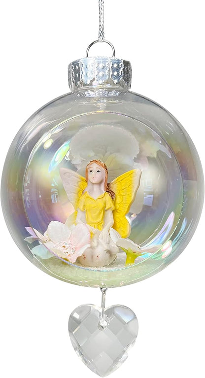 Yellow Fairy Christmas Ornament - Handmade Shatterproof Decorations for Indoor Outdoor Xmas Tree - Clear Ball Ornaments with Magnetic Crystal - Great Gift or Stocking Stuffer for Mom, Sister, Friend