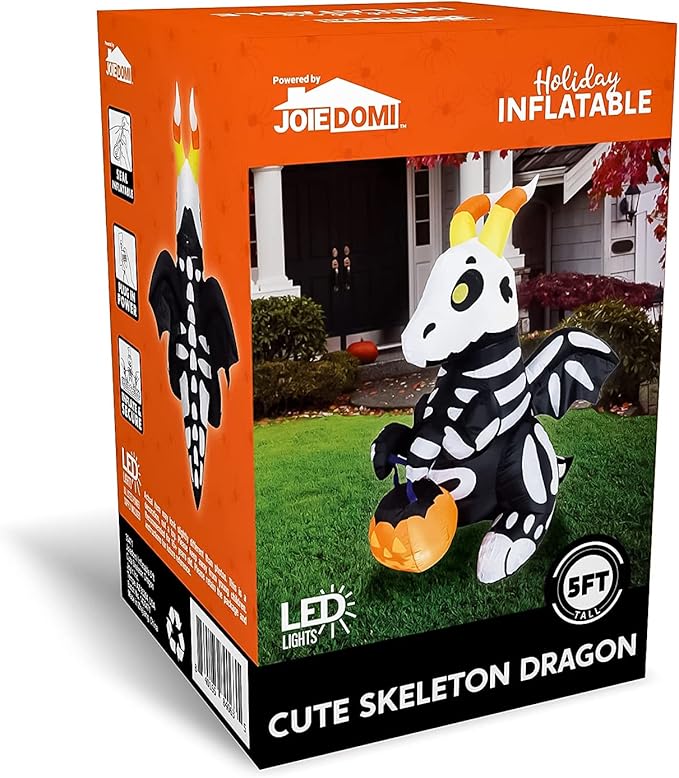Joiedomi 5 FT Tall Halloween Inflatables Outdoor Decorations, Blow Ups Skeleton Halloween Decor Inflatable Skeleton Dragon with Build-in LEDs for Outside Yard Decorations