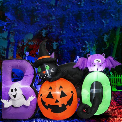 MUMTOP Halloween Inflatables Outdoor Decorations - 5 FT Pumpkin Inflatable with Ghost, Black Cat and Bat, Halloween Blow Up Yard Decorations with Built-in LED Lights for Party Yard Garden