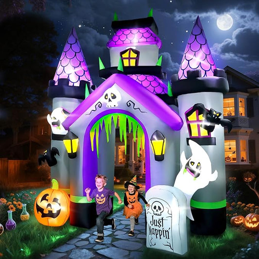 Kalolary 12FT Halloween Inflatables Haunted House Castle Archway with LED Lights, Giant Ghost Pumpkin Arch Blow Up Halloween Outdoors Yard Decoration Scary Inflatable for Garden Lawn Indoor Decor