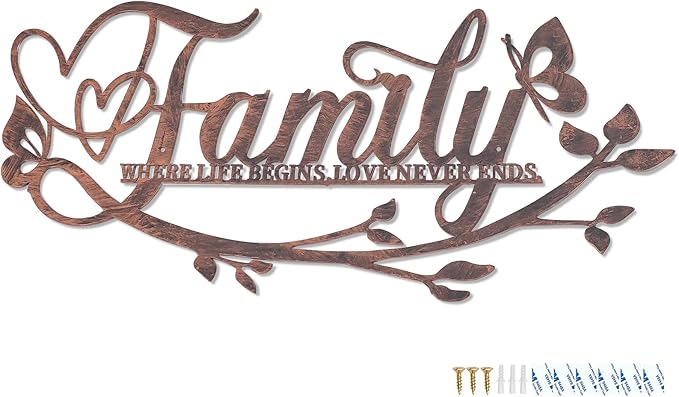 AUHOKY Family Where Life Begins Love Never Ends Word Sign Metal Wall Decor, Black Home Decor Wall Art Decorations, Letters Quotes Sign for Living Room Bedroom Kitchen Indoor Outdoor Decor(17.5 x 9in)