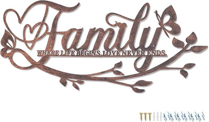 AUHOKY Family Where Life Begins Love Never Ends Word Sign Metal Wall Decor, Black Home Decor Wall Art Decorations, Letters Quotes Sign for Living Room Bedroom Kitchen Indoor Outdoor Decor(17.5 x 9in)