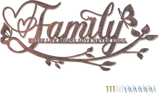 AUHOKY Family Where Life Begins Love Never Ends Word Sign Metal Wall Decor, Black Home Decor Wall Art Decorations, Letters Quotes Sign for Living Room Bedroom Kitchen Indoor Outdoor Decor(17.5 x 9in)
