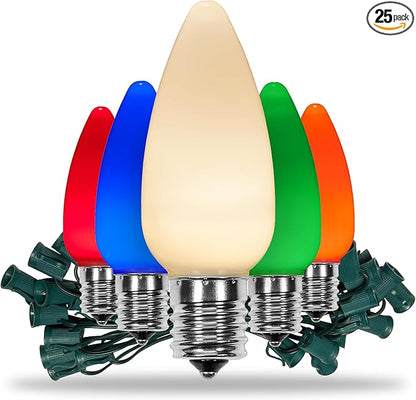 25 C9 OptiCore Multicolor LED Christmas Lights – Commercial Outdoor Heavy Duty Vintage Ceramic Style Bulbs, 18 Gauge Green Wire (25 ft)