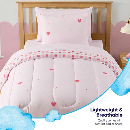 Heart Comforter Set Twin Size for Girls – Soft Pink Bed in a Bag with Sheets, Pillowcases & Shams – Cute Kids Bedding with Love Hearts Design – Cozy Microfiber for Child or Tween Bedroom Decor