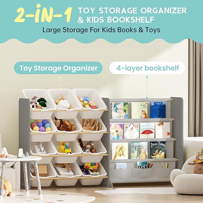 Kids Toy Storage Organizer - Toy Storage with Kids Bookshelf, Toy Organizer with 12 White Bins and 4 Book Shelves, Toy Organizers and Storage for Playroom, Nursery, Kids Room, Grey