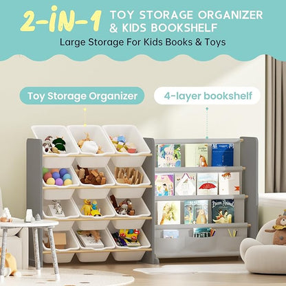 Kids Toy Storage Organizer - Toy Storage with Kids Bookshelf, Toy Organizer with 12 White Bins and 4 Book Shelves, Toy Organizers and Storage for Playroom, Nursery, Kids Room, Grey