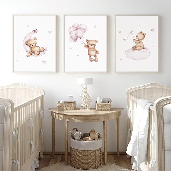 Bear Nursery Wall Art Decor Set of 3 Teddy Bear Wall Art Baby Girl Canvas Wall Decor Pink Pictures Balloon Nursery Children Prints Artwork Moon Star Cloud Art for Boys Room Bedroom 16x24 Inch Unframed