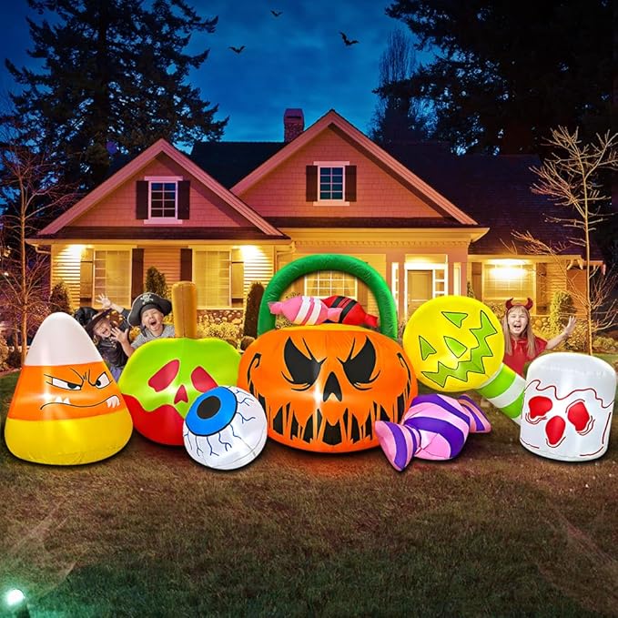 10 FT Halloween Inflatable Outdoor Decorations Pumpkin Ghost Combo, Halloween Decorations Outdoor Inflatable Bow Up Pumpkin Decoration Outdoor with LED Inflatable Halloween for Yard Garden
