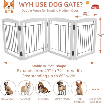 ZJSF Freestanding Foldable Dog Gate for House Extra Wide Wooden White Indoor Puppy Gate Stairs Dog Gates Doorways Tall Pet Gate 4 Panels Fence
