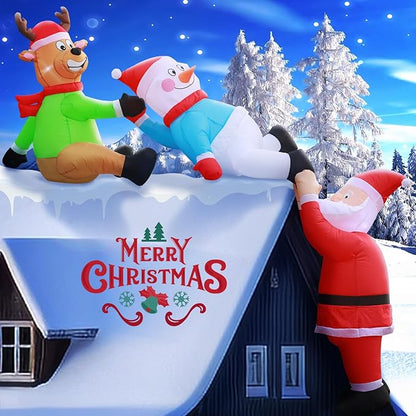 DomKom 8FT Christmas Inflatables Roof Outdoor Decorations, Climbing Santas with Reindeer and Snowman, LED Lights Holiday Blow Up Decoration for Outside Home Windows Eaves