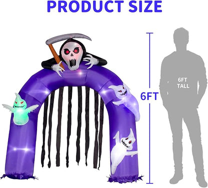 6FT Halloween Inflatables Giant Grim Reaper Arch with Three White Ghost, Built-in LEDs for Halloween Blow-Up Indoor-Outdoor Decoration, Cute Fun Holiday/Party/Yard/Garden Fantasy Party Display
