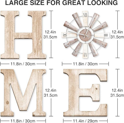 Farmhouse Home Signs with Windmill Clock Wall Decor Rustic Home Letters Wall Art for Living Room Kitchen Entryway Dining Room Bedroom (water-white)
