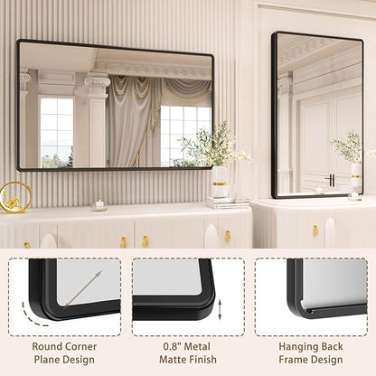 New Upgrade 48X30 Inch Wall Mounted Bathroom Mirror, Black Metal Frame Rounded Rectangle Mirror, Bathroom Vanity Mirror with Tempered Glass for Washroom Bedroom Living Room