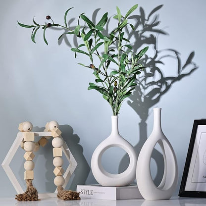 White Ceramic Vase Set 2,Modern Hollow Circle with Hole Flower Vase for Home Decor,for Table Centerpieces,Farmhouse,Fire Place,Living Room,Bedroom,Office,Bookshelf,Rustic Decor