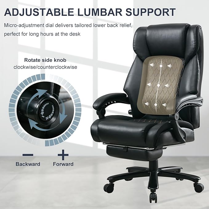 Executive Office Chair with Footrest, Reclining Desk Chairs Home Room, Bedroom, Leather Computer Gaming Chair Big and Tall, Padded Armrest & Headrest, Ergo Lumbar Support Recliner with Wheels, Black