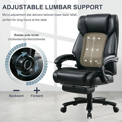 Executive Office Chair with Footrest, Reclining Desk Chairs Home Room, Bedroom, Leather Computer Gaming Chair Big and Tall, Padded Armrest & Headrest, Ergo Lumbar Support Recliner with Wheels, Black