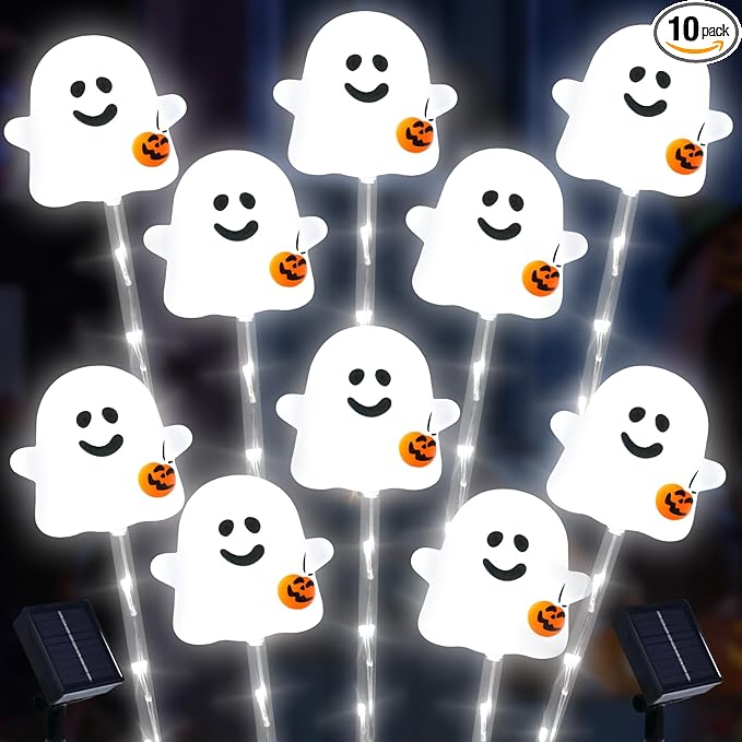 Solar Halloween Ghost Pathway Lights, 10 Pack - Outdoor Ghost Stake Lights with Pumpkin Design, Solar Powered Auto-On, Waterproof Halloween Decor for Garden, Walkway, Yard, Party (Transparent)