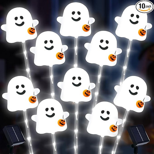 Solar Halloween Ghost Pathway Lights, 10 Pack - Outdoor Ghost Stake Lights with Pumpkin Design, Solar Powered Auto-On, Waterproof Halloween Decor for Garden, Walkway, Yard, Party (Transparent)